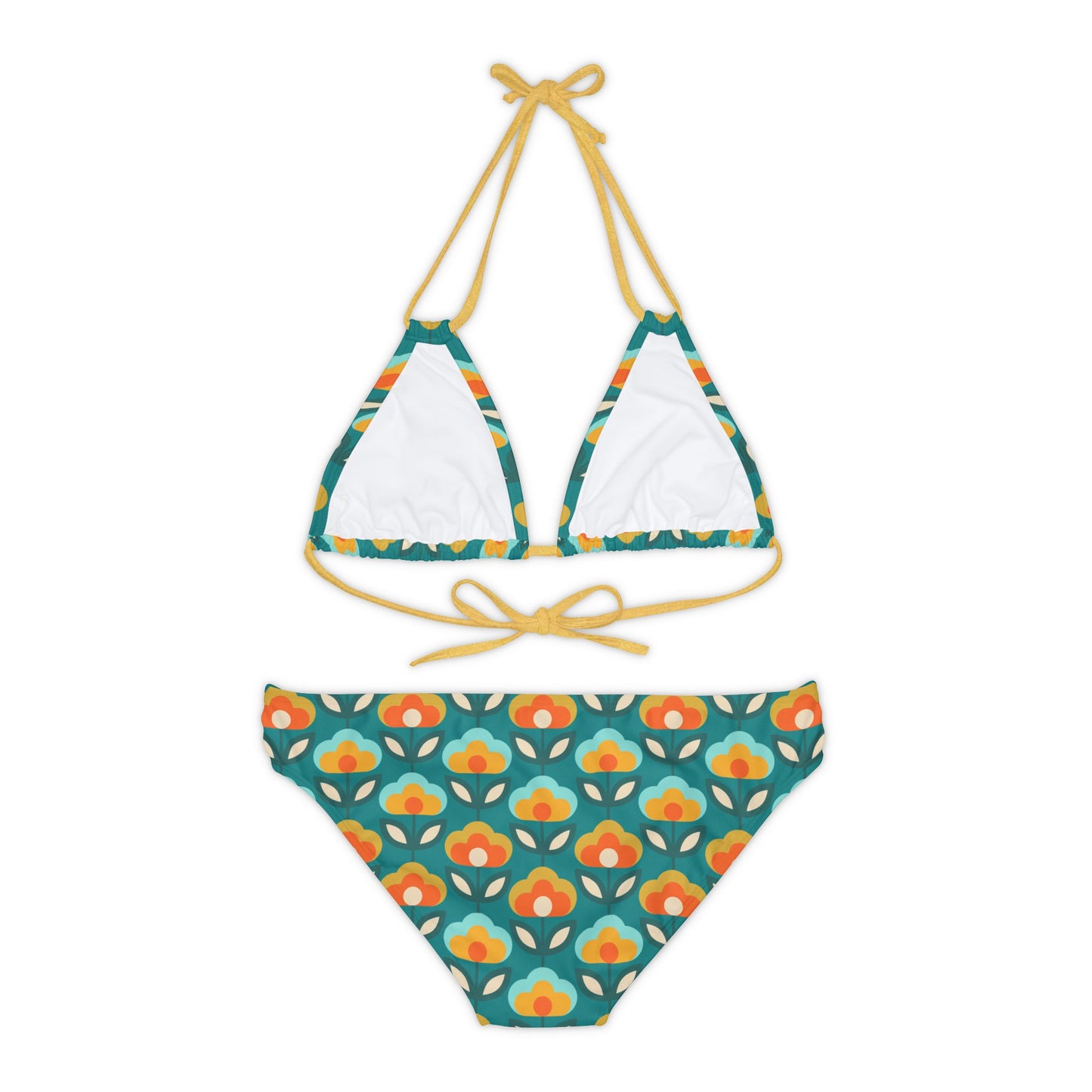 Boho Blossoms Retro Flowers Teal, Orange, & Yellow Strappy Bikini Set - 1970's Vibe Floral Pattern Womens Swimsuit