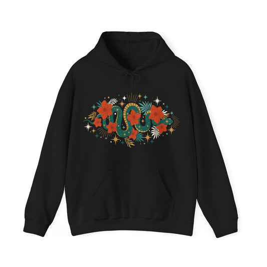 Mystic Jade Snake & Flower Unisex Hoodie, Boho Pullover Hooded Sweatshirt, Bohemian Witchy Snake Print Hoodies