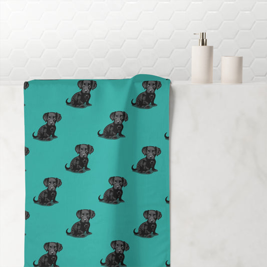 Beach Towel Chiweenie Puppy Dog Pattern Print, Chihuahua Dachshund Mix Dogs Aqua Teal Mink-Cotton Bath Towel, Dog Lovers Pet Owners Gifts