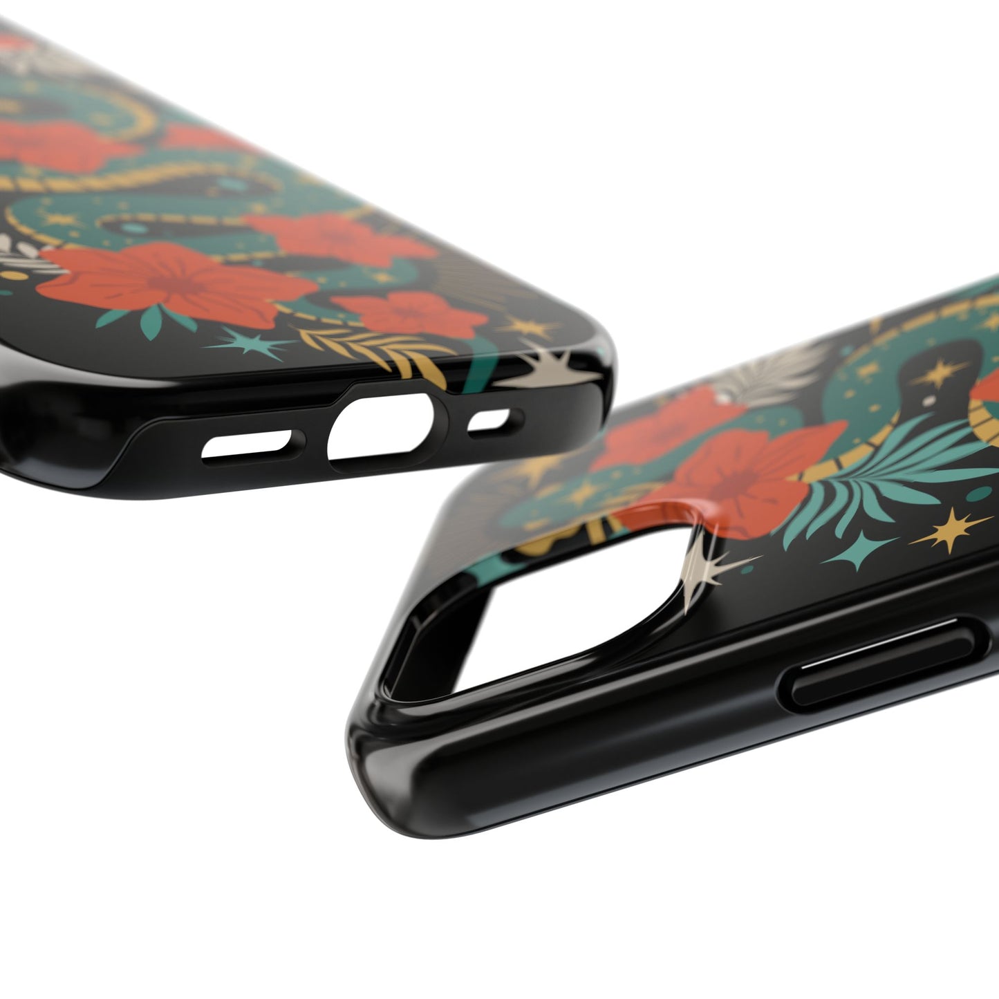 Mystic Snake Cell Phone Case, Black Tough Phone Cases Boho Serpent Snakes Floral Design