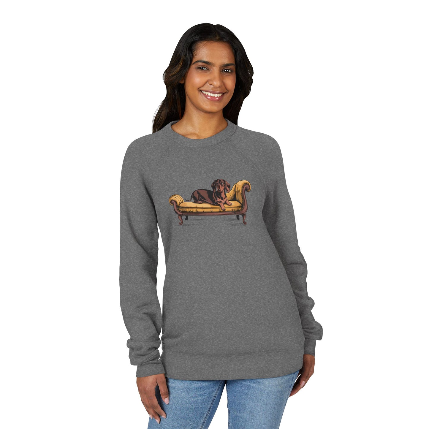 Brown Dachshund Dog on Vintage Chaise Lounge Sweatshirt | Wiener Dogs Design Raglan Fleece Sweatshirts