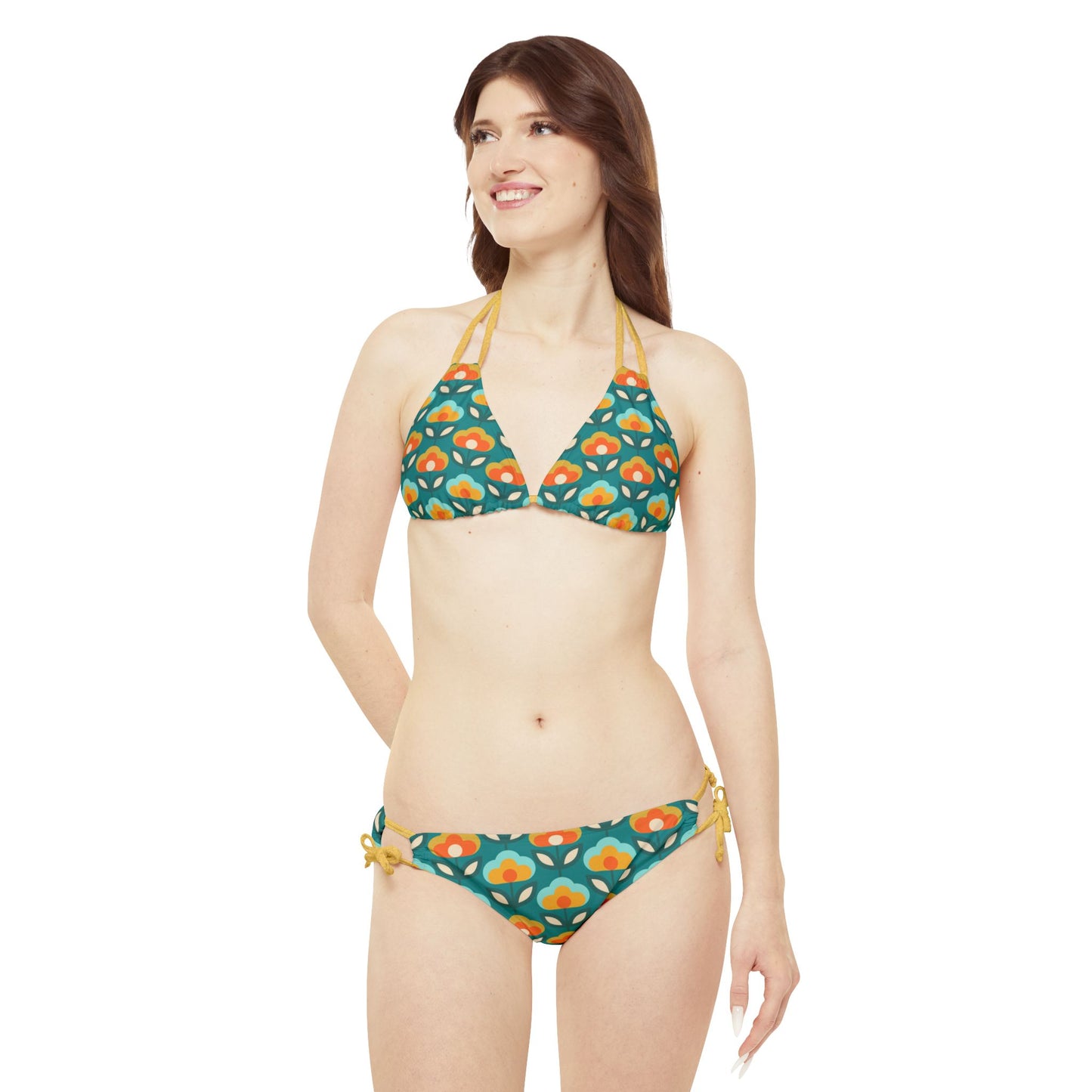 Boho Blossoms Retro Flowers Teal, Orange, & Yellow Strappy Bikini Set - 1970's Vibe Floral Pattern Womens Swimsuit