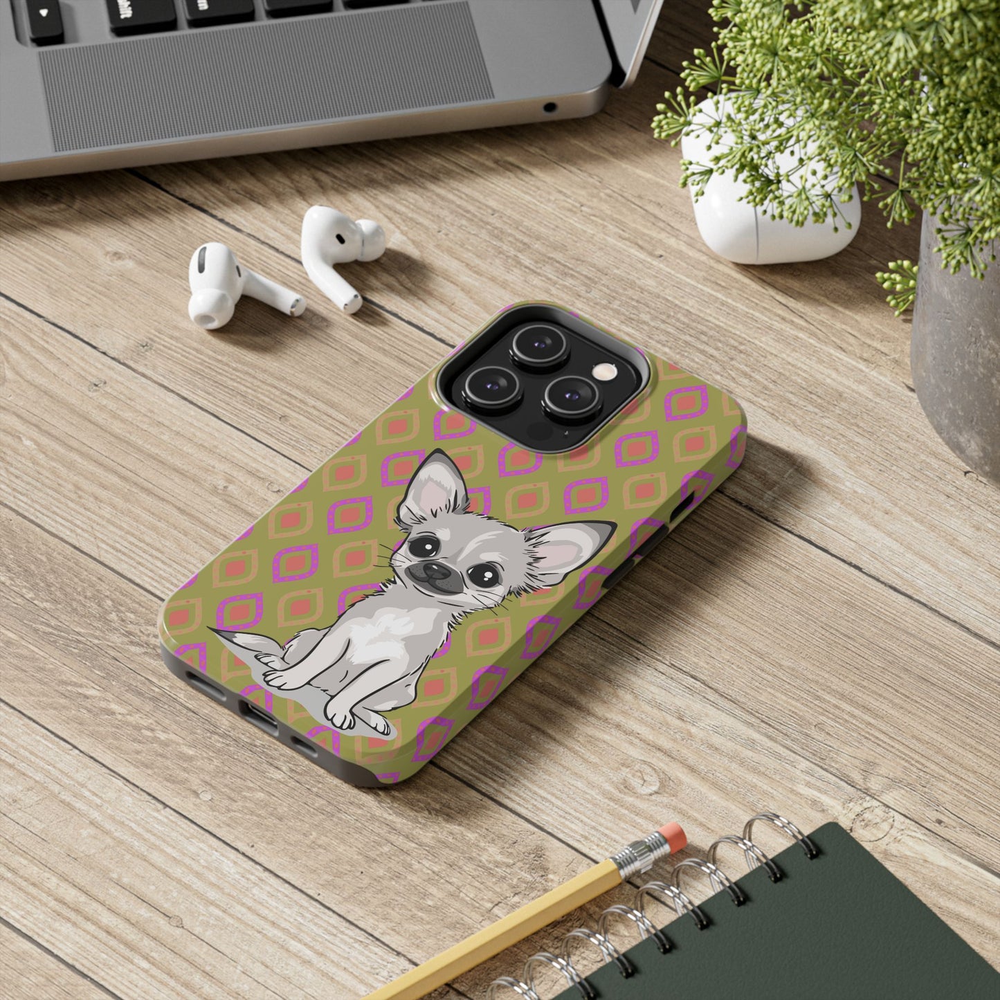 White Chihuahua Puppy Dog Phone Case, Tough Phone Cases Pet Dogs Retro Green  Pattern