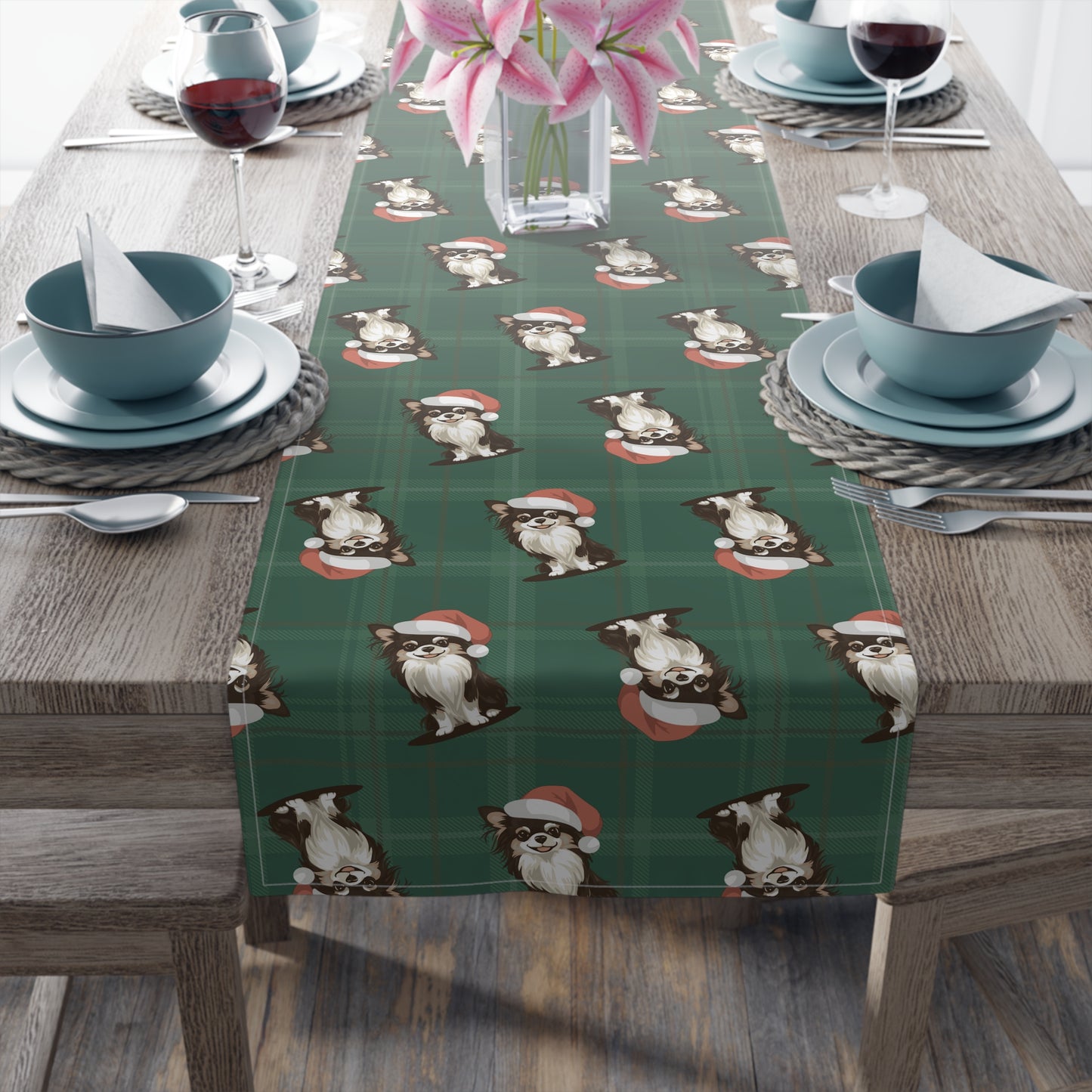 Festive Long Haired Chihuahua Dog Holiday Table Runner, Christmas Home Decor, Dining Tablecloth Linens, Plaid Table Setting Runners