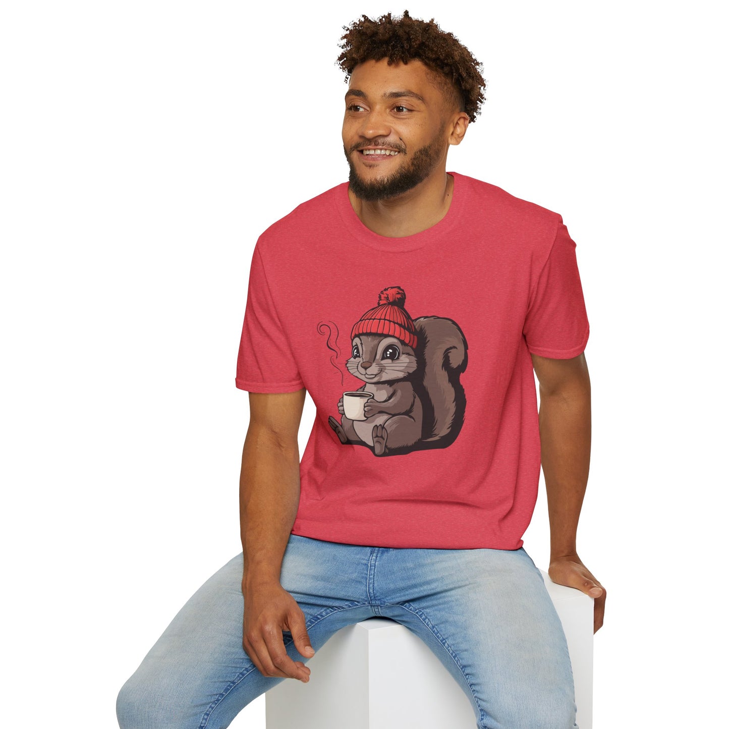 Cozy Squirrel Soft T-shirt Softstyle Tee with Squirrel in Beanie with Cup Of Coffee Graphic Print