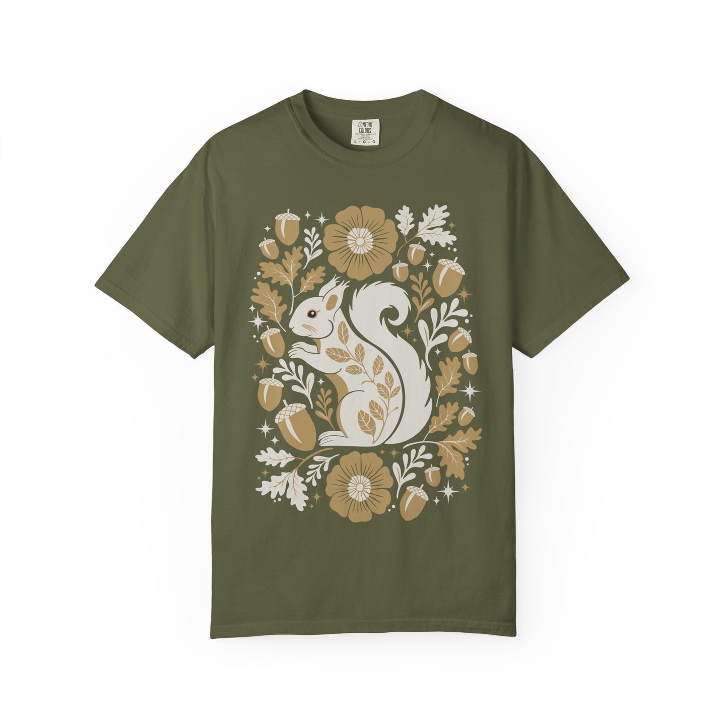 Woodland Squirrel Illustration T-shirt | Floral Acorn Oak Leaf Nature Design Squirrels Tee, 100% Cotton Short Sleeve Shirts