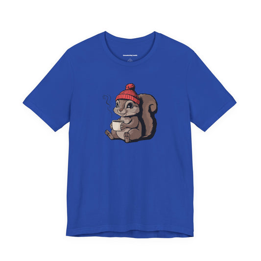 Cozy Squirrel with Coffee T-Shirt | Cute Fall Squirrels Woodland Animal Tee, Short Sleeve Graphic Print Shirts