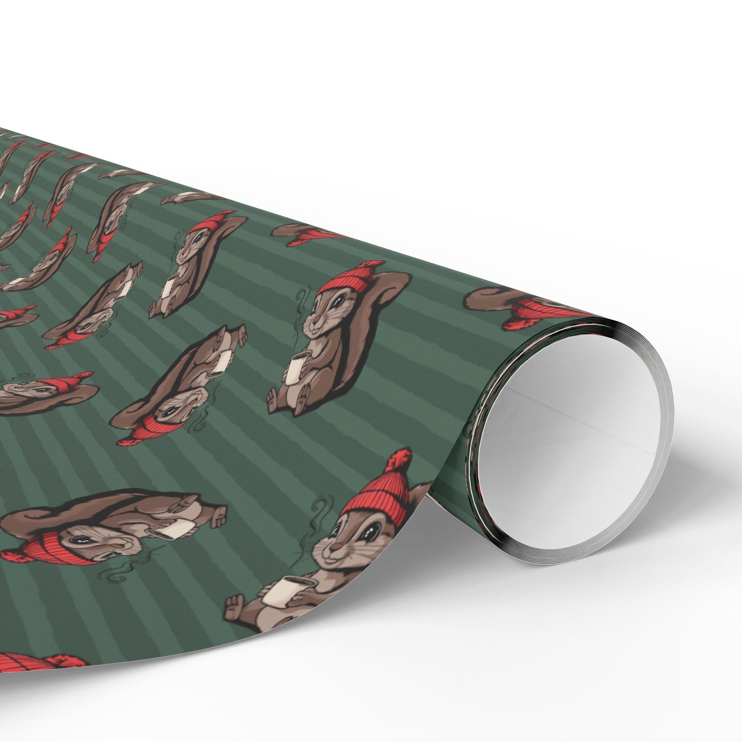 Cozy Squirrel Holiday Wrapping Paper, Cute Animal Green Striped Christmas Gift Wrap Roll Woodland Squirrels Pattern, Matte Finish