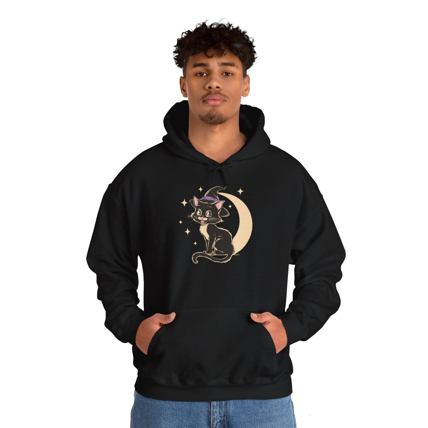 Witchy Kitty Pullover Hoodie Halloween Hooded Sweatshirt with Black Cat with Witch Hat & Crescent Moon Print