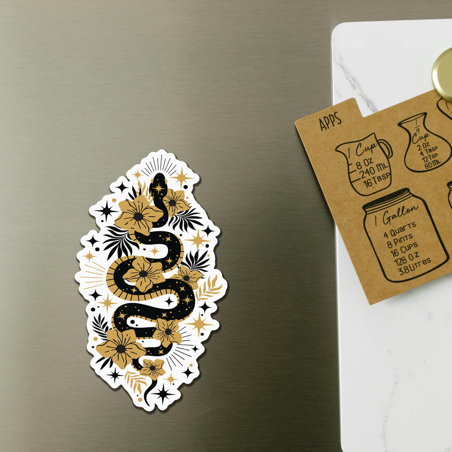 Mystic Black & Gold Snake Magnet - 4" Serpent Vinyl Fridge Car Magnets Indoor Outdoor, Boho Snakes Flowers Floral