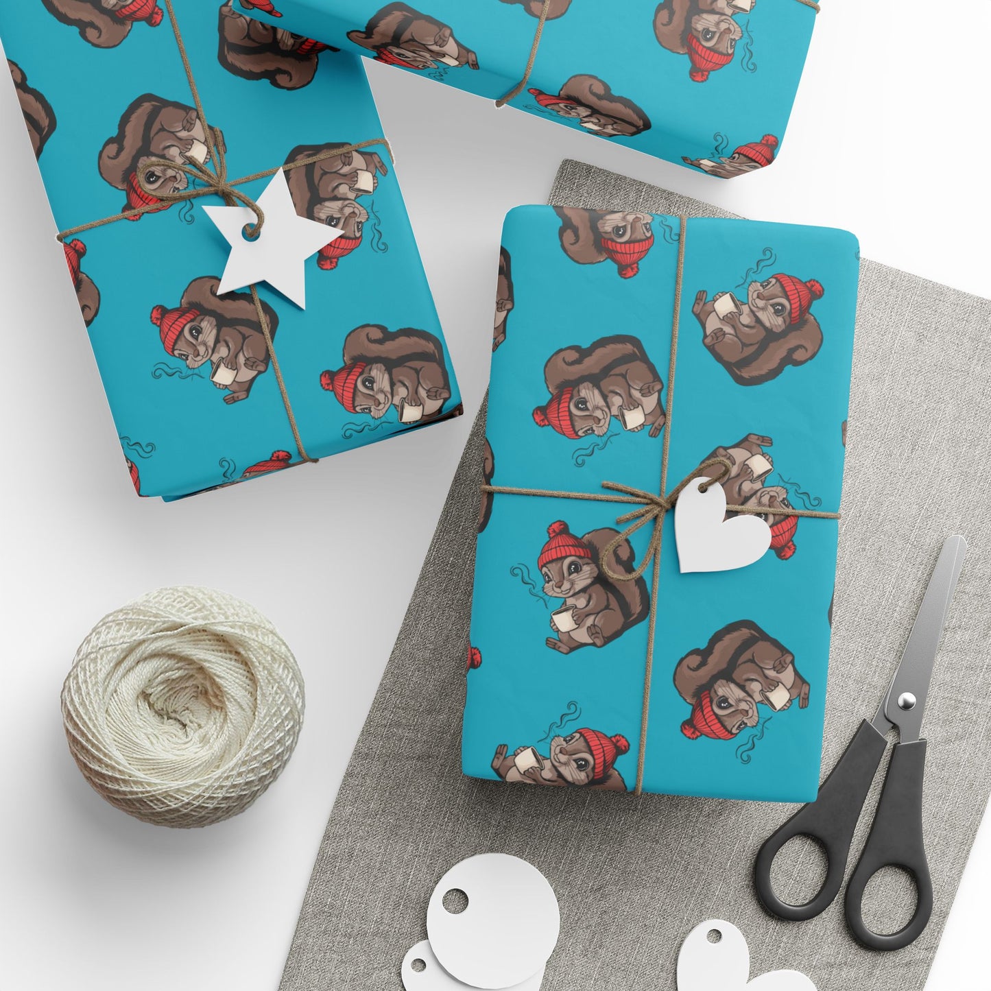 Cozy Squirrel Wrapping Paper, Fall Autumn Squirrels Print, Teal Turquoise Gift Wrap, Cute Animal Coffee Mug Pattern