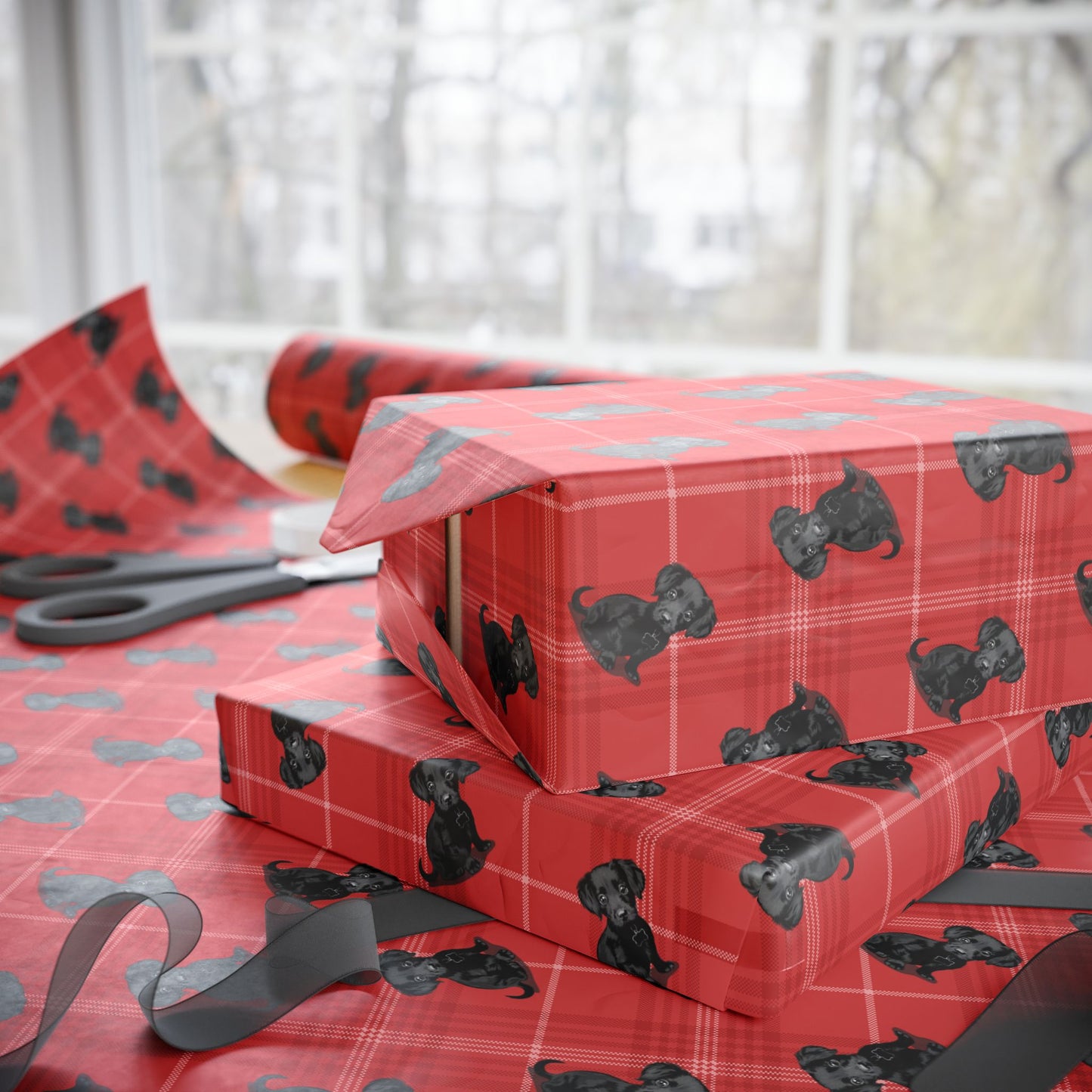 Black Chiweenie Puppy Dog Wrapping Paper, Red Plaid Dogs Print Gift Wrap Roll, Christmas Holiday Birthday Matte Wrapping Papers
