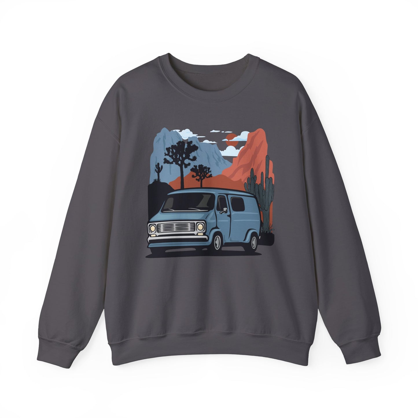 Arizona Desert Vanlife Camper Van Sweatshirt - Long Sleeve Crew Neck Sweater Retro Van in Joshua Tree & Cactus Landscape