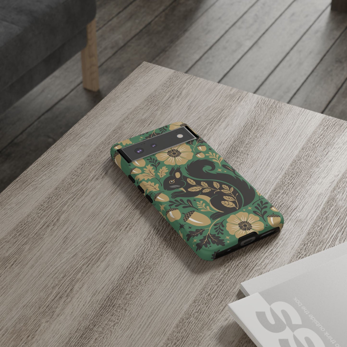 Green Squirrel Floral Pattern Cell Phone Case | Botanical Folk Art Acorn Leaves Design, Iphone Google Pixel Samsung Cases Matte Finish
