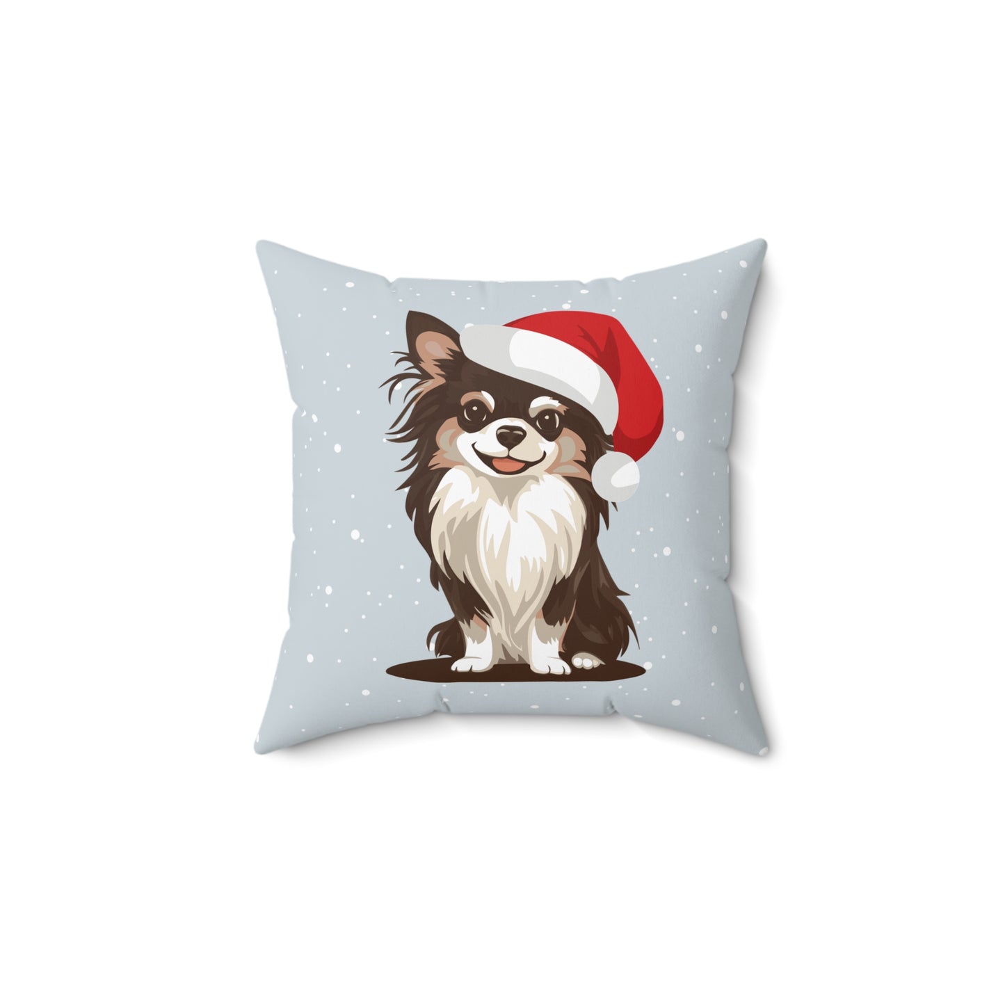 Christmas Long Haired Chihuahua Dog 14" or 16" Throw Pillow & Cover - Square Pillow Festive Holiday Xmas Dogs In Santa Hat Print