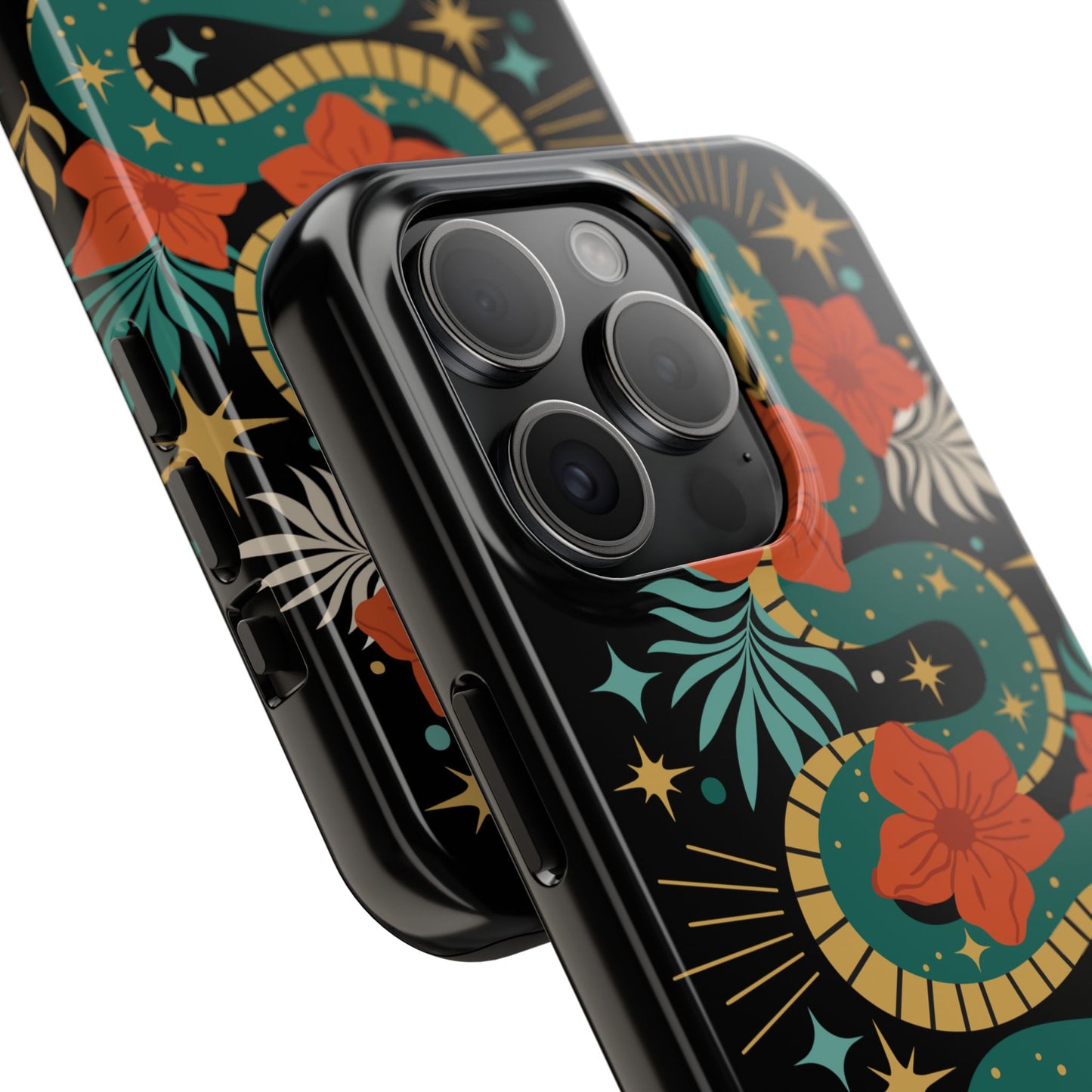 Mystic Snake Cell Phone Case, Black Tough Phone Cases Boho Serpent Snakes Floral Design