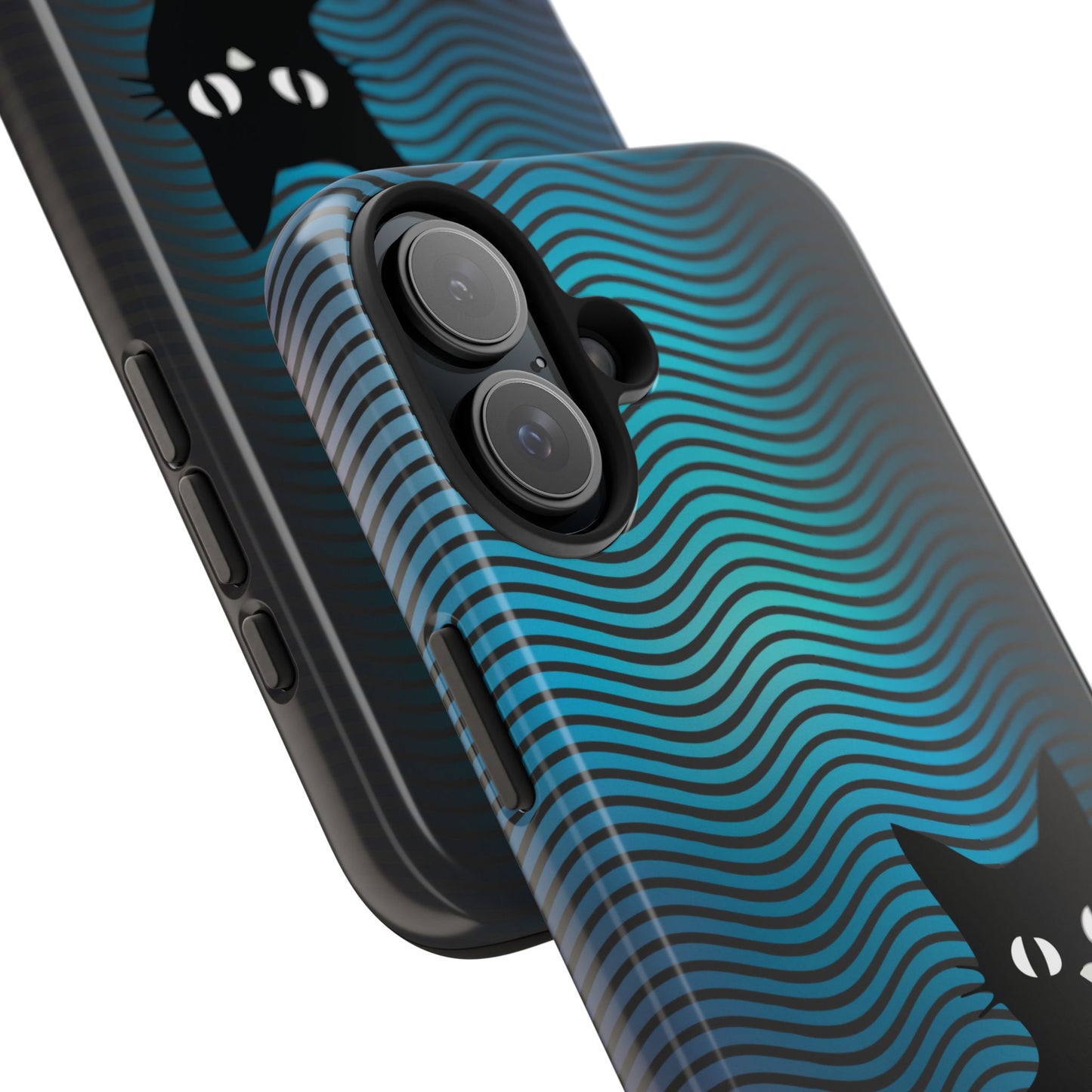 Black Cat Cell Phone Case | Peeking Kitty Graphic on Wavy Teal Background