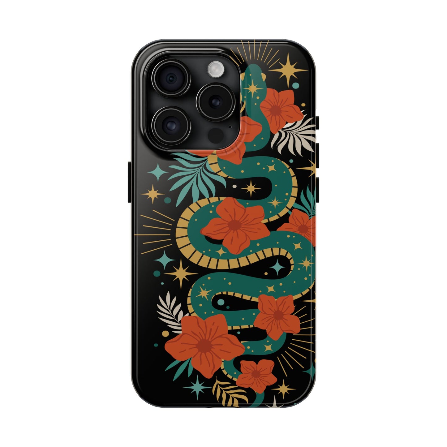 Mystic Snake Cell Phone Case, Black Tough Phone Cases Boho Serpent Snakes Floral Design