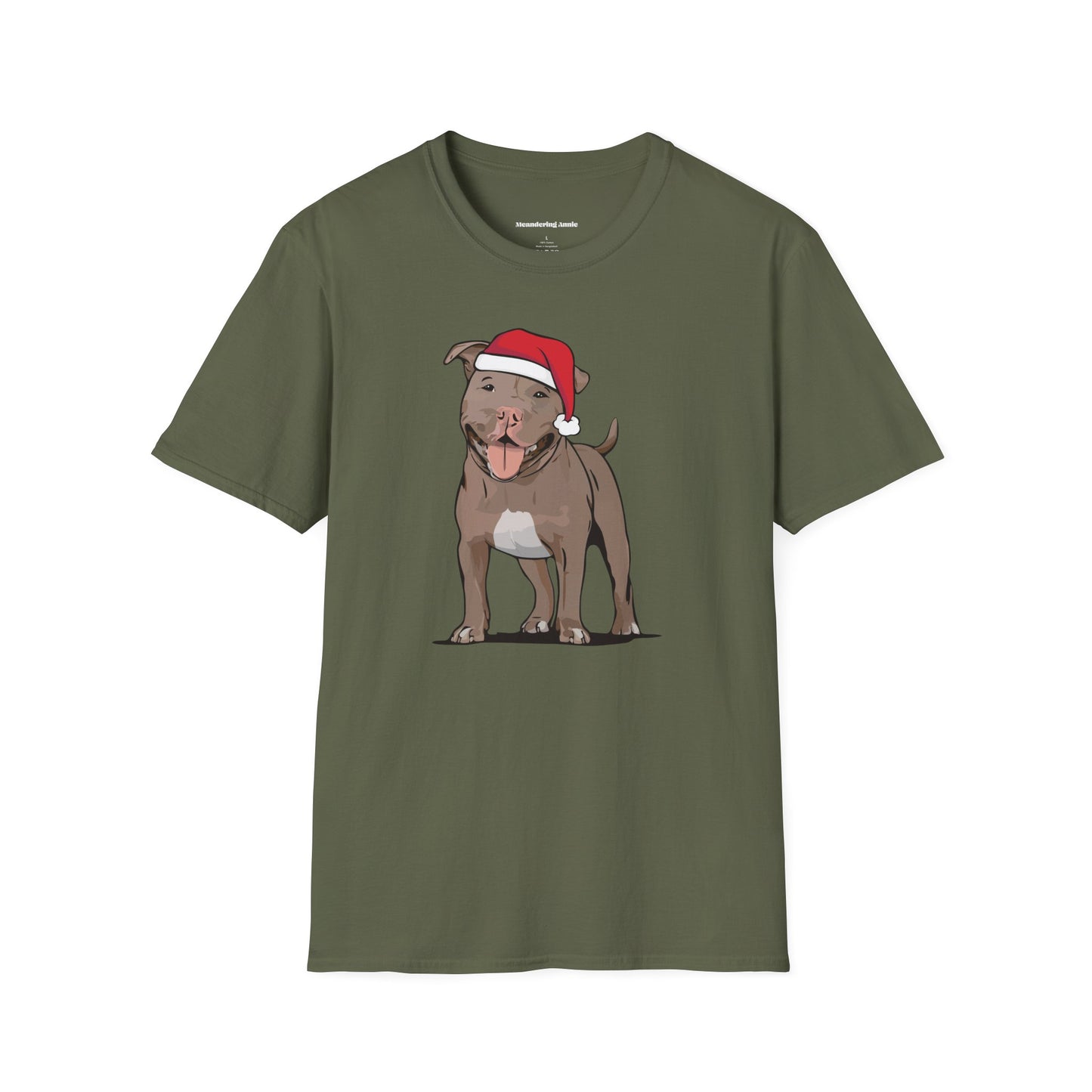 Santa Pitbull Dog Christmas Tee, Holiday Brown Pit Bull Terrier Dogs Pet Lover T-shirt, Family Xmas Shirts, Mens Womens Unisex Tees