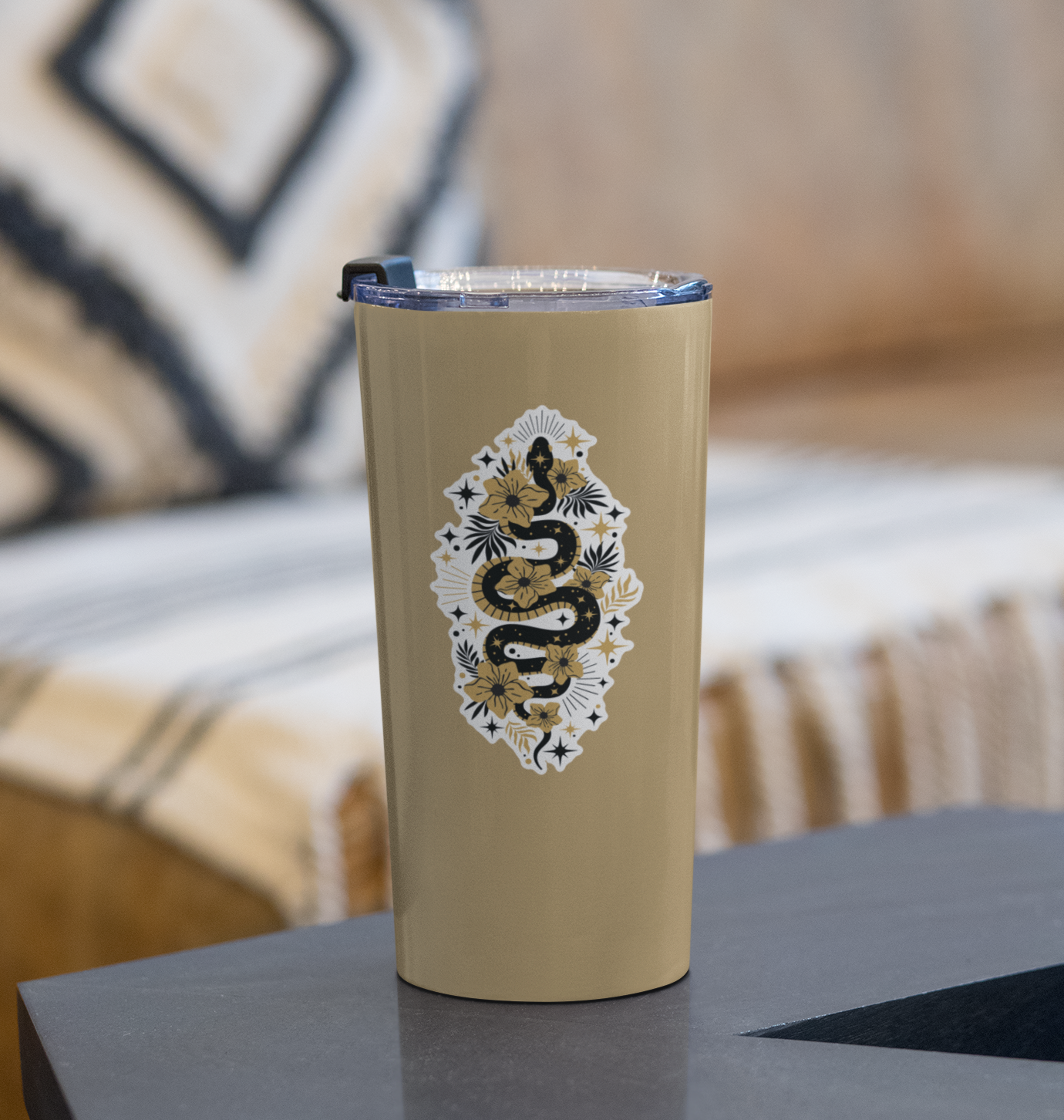 4" Mystic Gold Snake Sticker - Waterproof, Fade-Resistant Decal Stickers Boho Snakes Flowers Design