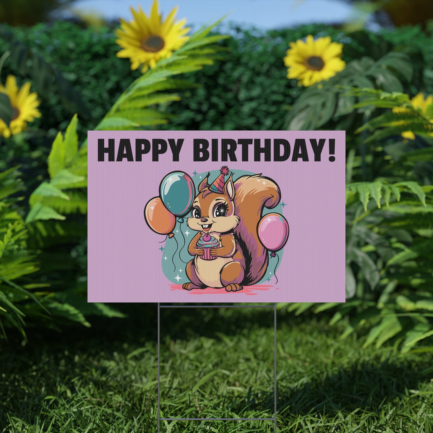 Happy Birthday Party Squirrel Plastic Yard Sign Purple Squirrels Balloons Cupcake Celebration Squirrels B-day Yard Signs