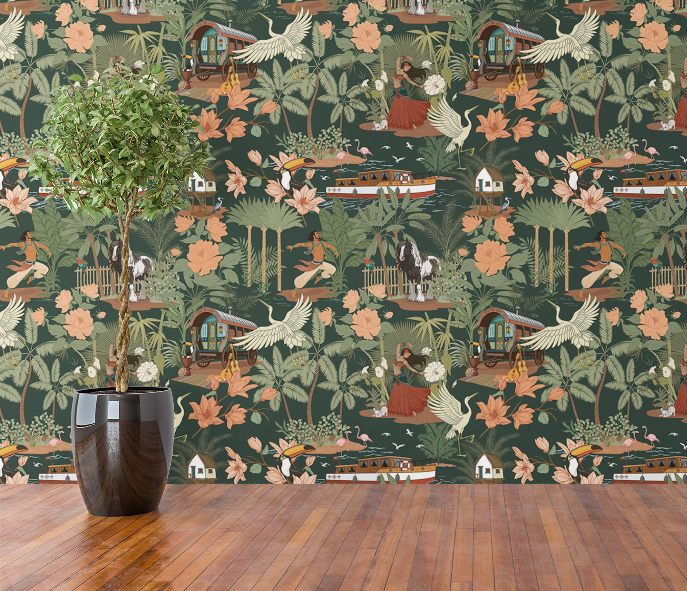 Tropical Nomad Deep Emerald Wallpaper - Botanical Floral Home Decor Wall Paper