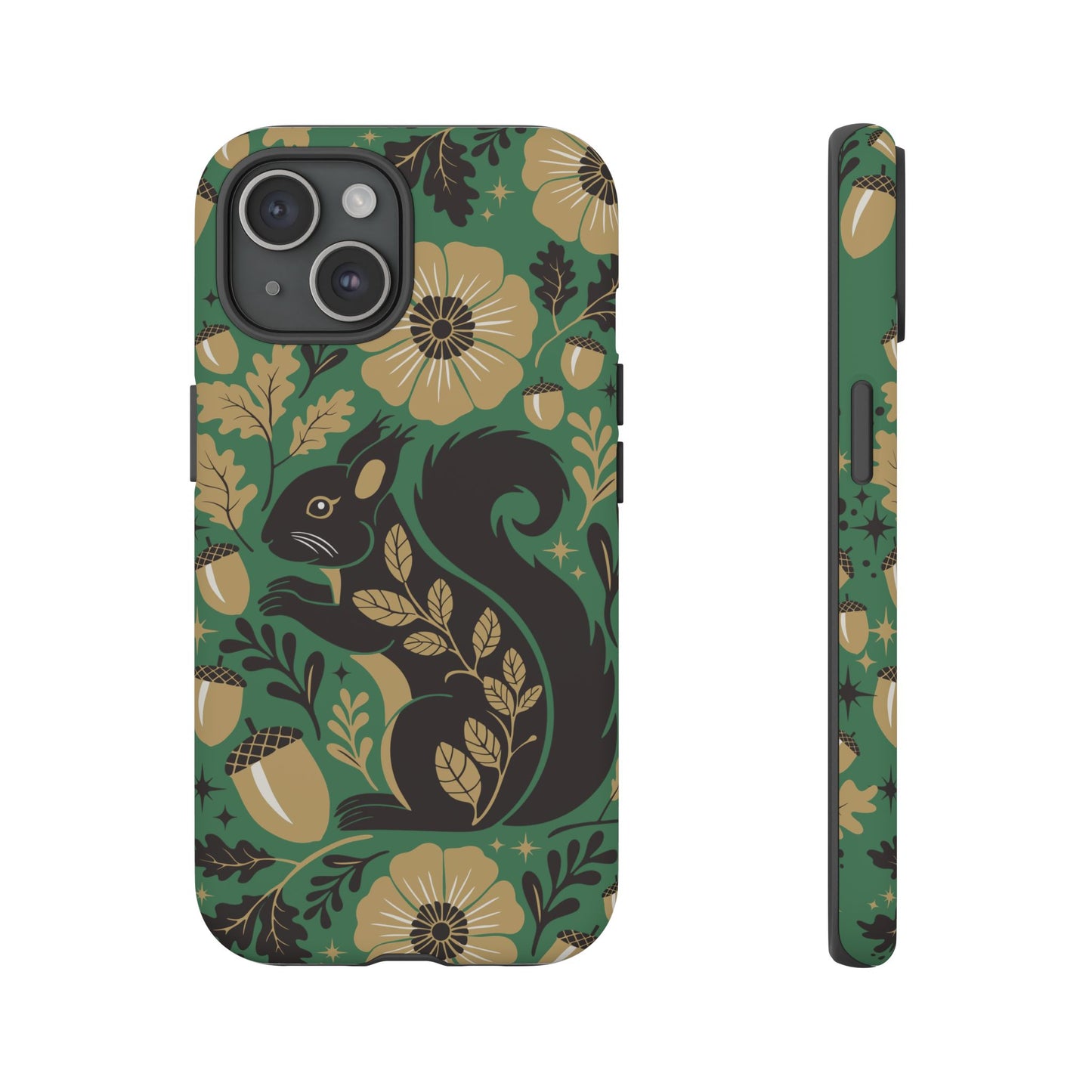 Green Squirrel Floral Pattern Cell Phone Case | Botanical Folk Art Acorn Leaves Design, Iphone Google Pixel Samsung Cases Matte Finish