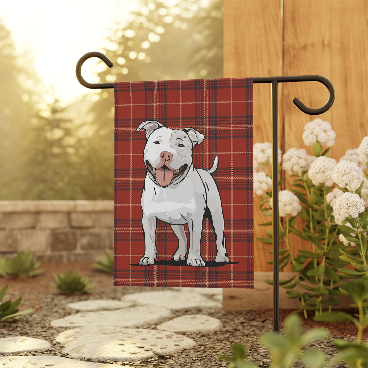 White Pit Bull Terrier Dog Red Plaid Outdoor Garden Banner Flag, Pitbull Christmas Holiday Yard Decorations