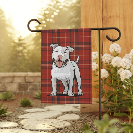 White Pit Bull Terrier Dog Red Plaid Outdoor Garden Banner Flag, Pitbull Christmas Holiday Yard Decorations