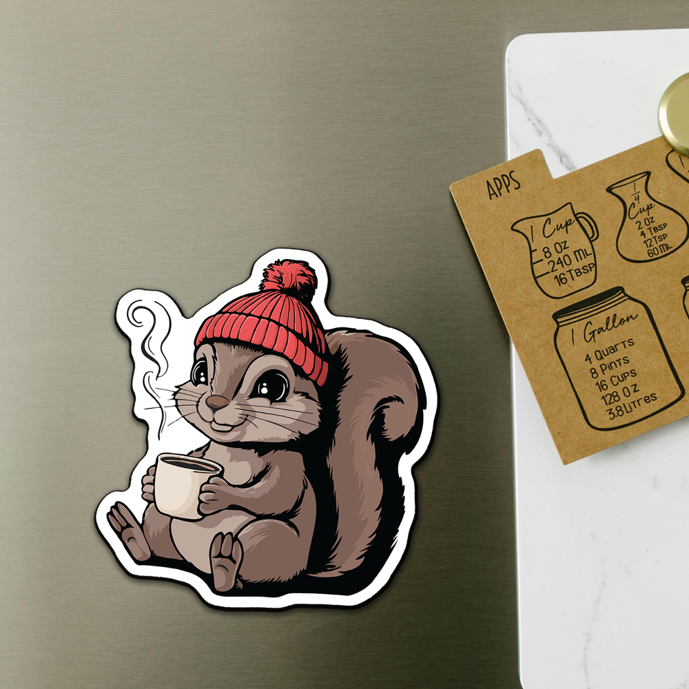 Cozy Squirrel Magnet - 3" Vinyl Fridge Magnets Indoor Outdoor Squirrels Fall Autumn