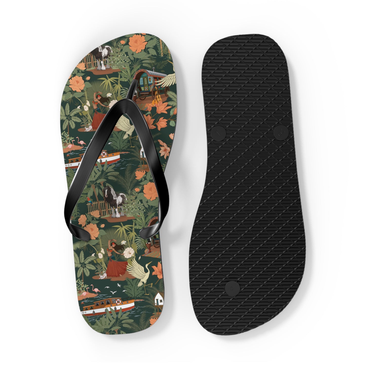 Tropical Nomad Floral Island Flip Flops | Vintage Travel Birds Pattern Sandals