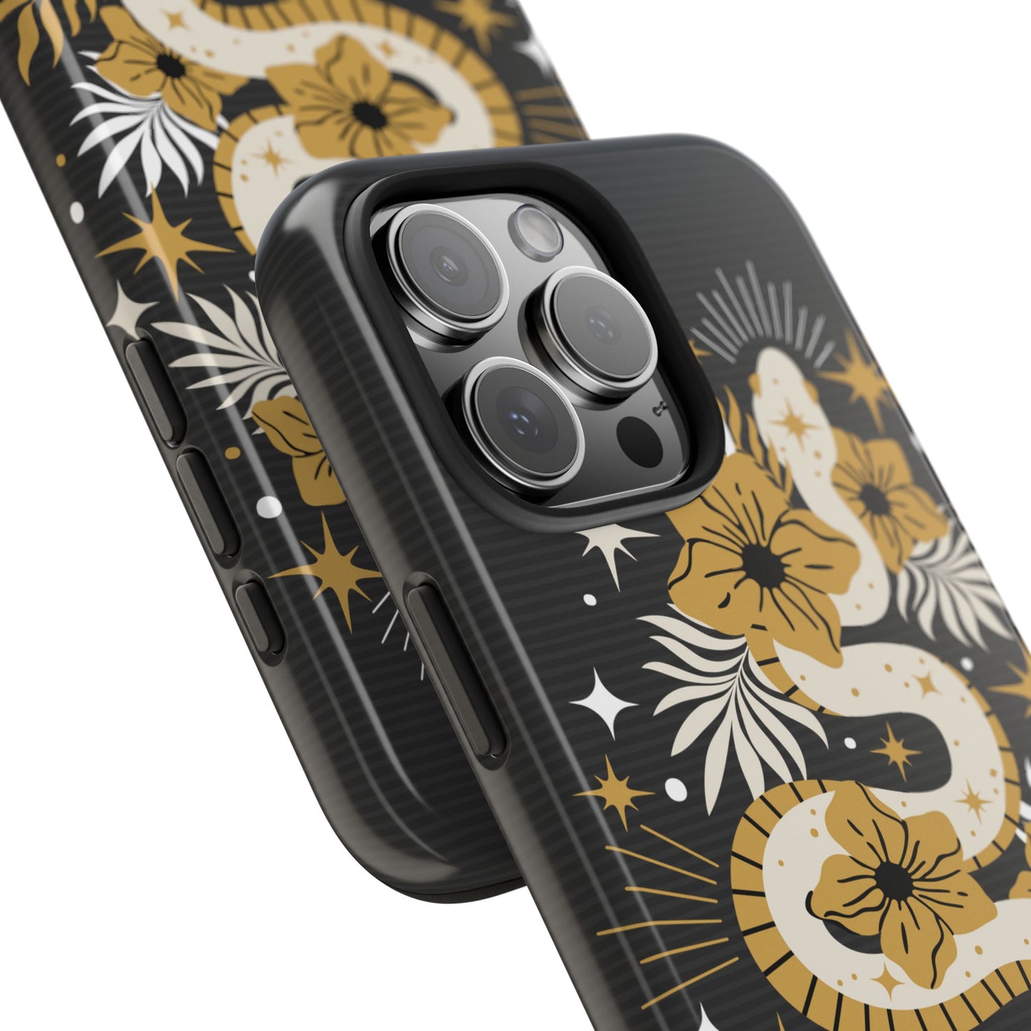 Mystic Snake Cell Phone Case, Black Tough Cases, Protective Floral Golden Serpent Boho Design