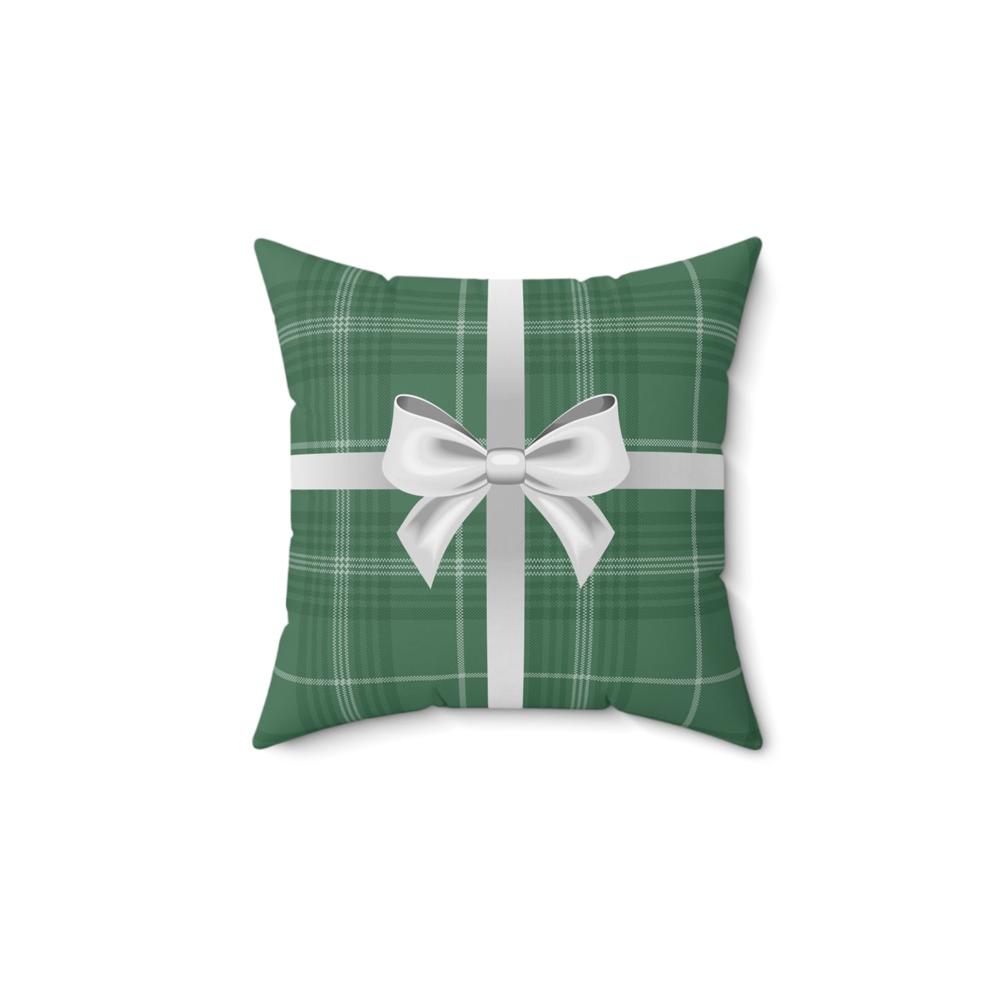 Holiday Gift Throw Pillow, White Bow on Green Plaid Wrapped Present Pillows, Christmas Home Decor Xmas Decorations