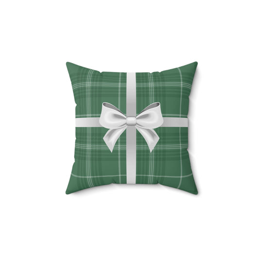 Holiday Gift Throw Pillow, White Bow on Green Plaid Wrapped Present Pillows, Christmas Home Decor Xmas Decorations