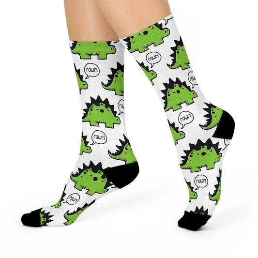 Rawr! Dino Dinosaur Pattern Cushioned Crew Socks One Size Unisex Mens Womens Funny Dinosuar White & Green Socks