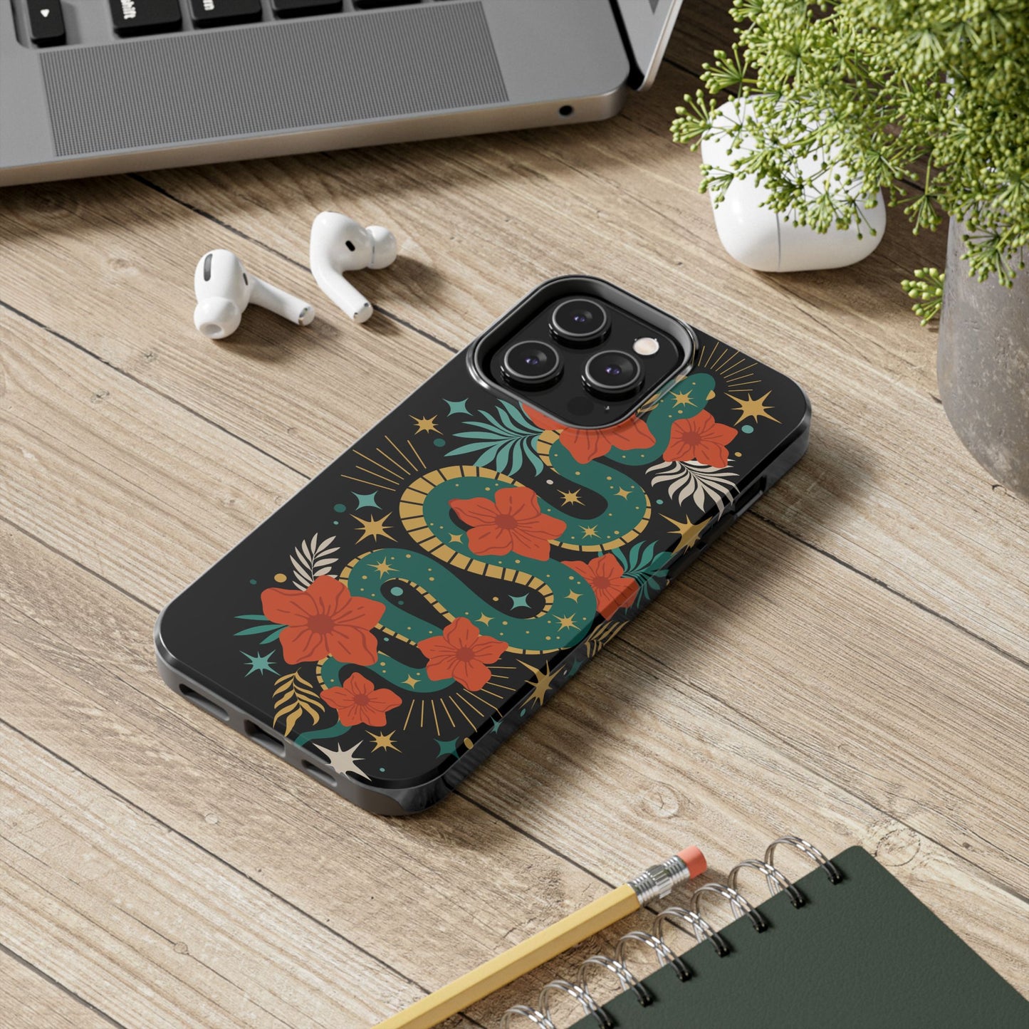 Mystic Snake Cell Phone Case, Black Tough Phone Cases Boho Serpent Snakes Floral Design