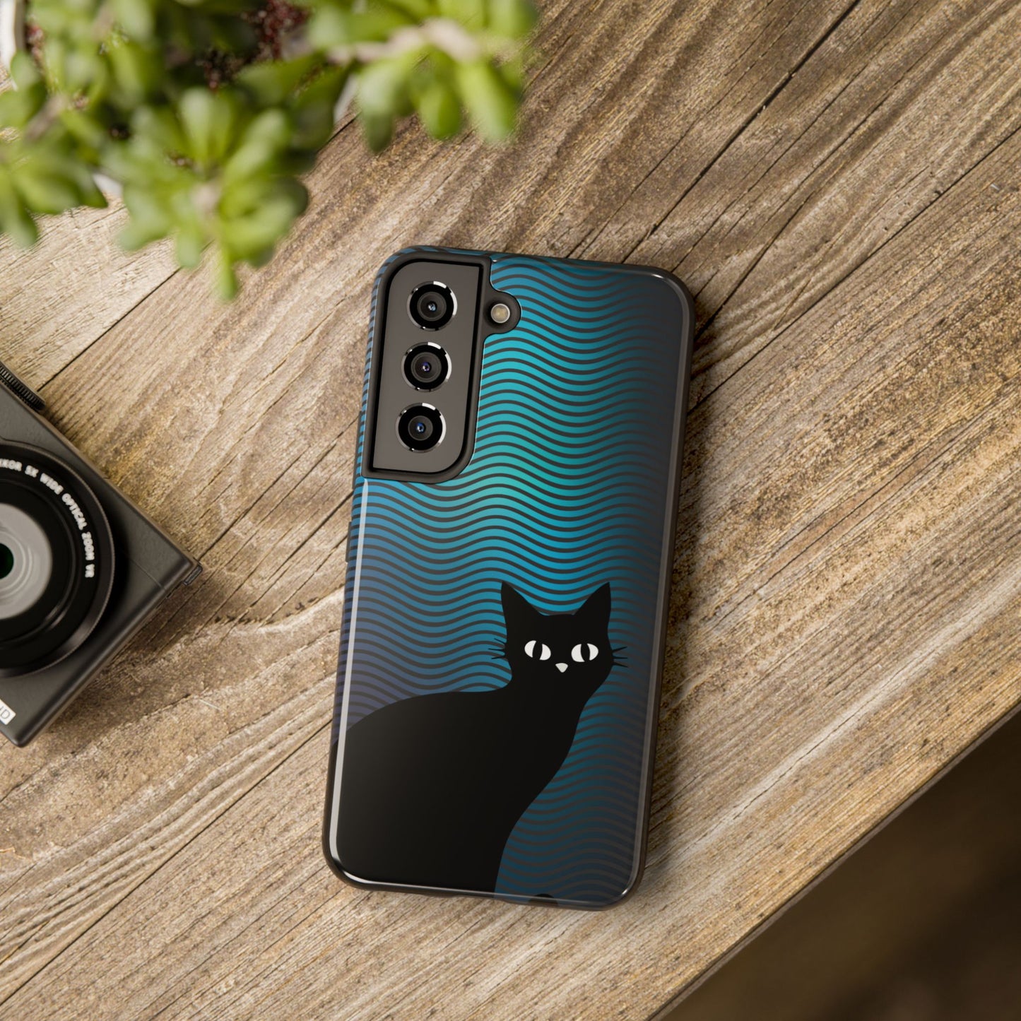 Black Cat Cell Phone Case | Peeking Kitty Graphic on Wavy Teal Background