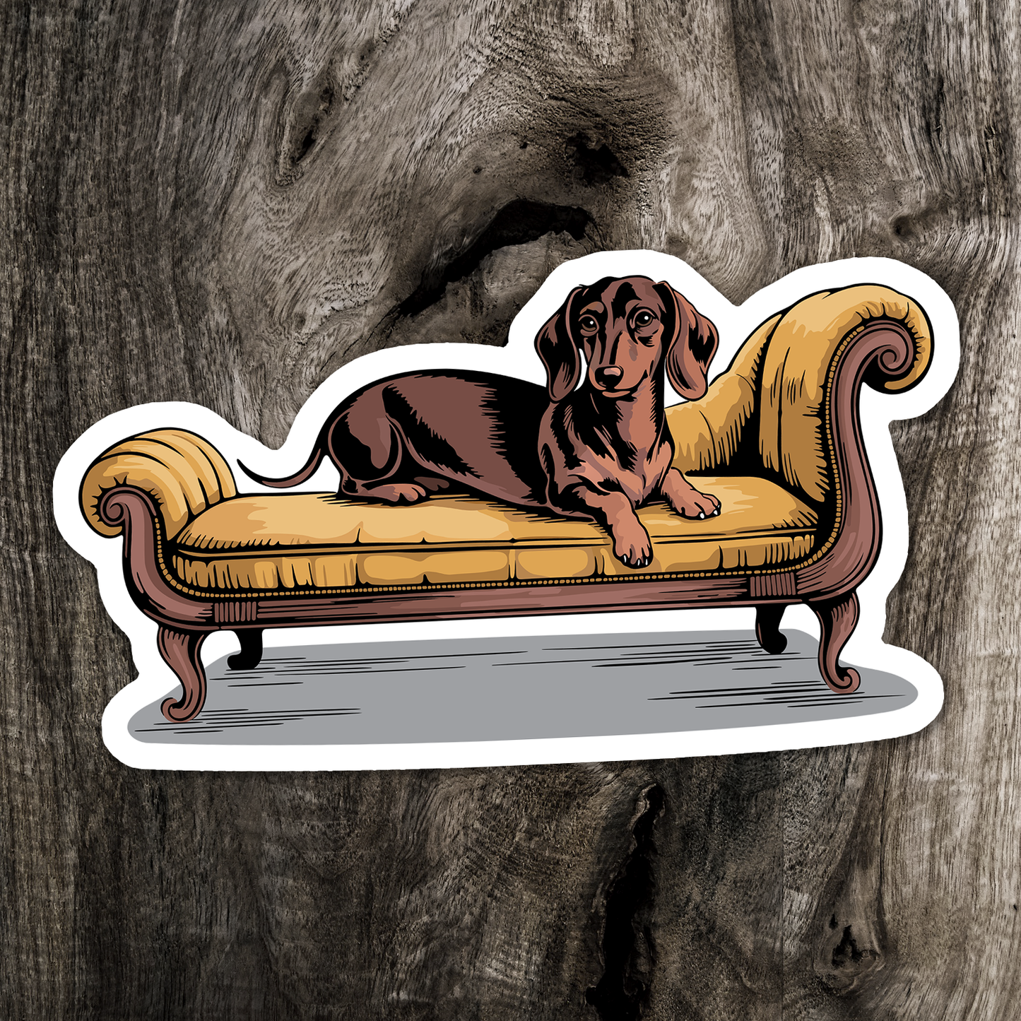 4" Dachshund Dog On Chaise Lounge Sticker - Brown Wiener Dogs Dachshunds Yellow Couch Waterproof Vinyl Decal Stickers