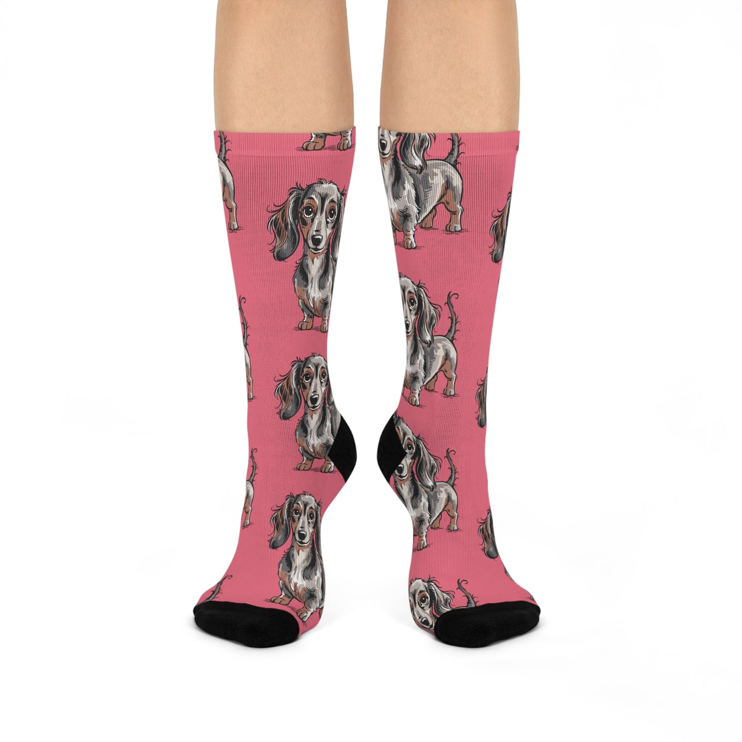 Long Haired Dachshund Pattern Cushioned Crew Socks | Wiener Dog Illustration, Pink Novelty Puppy Socks