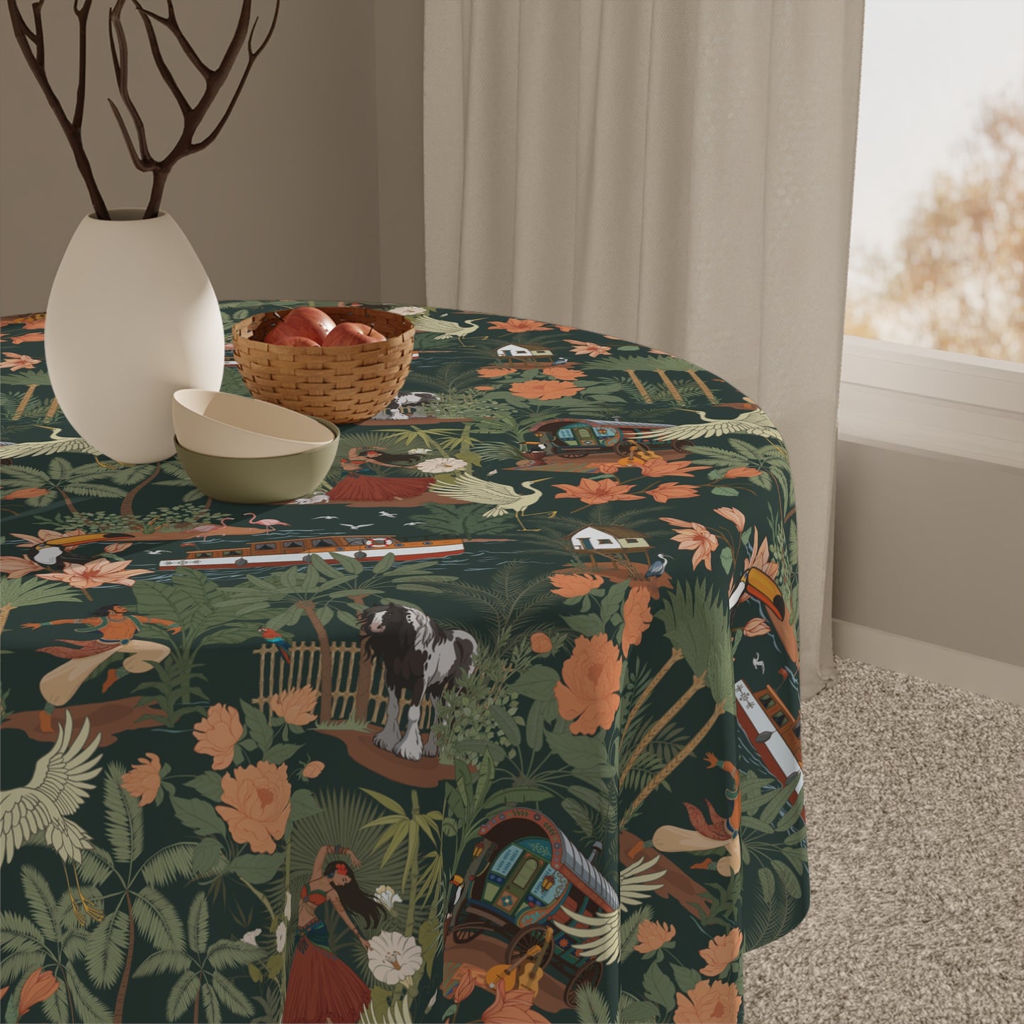 Tropical Nomad Jungle birds Tablecloth | Green Floral Palm Leaves Pattern Table Cloth Beach Summer Party Decor