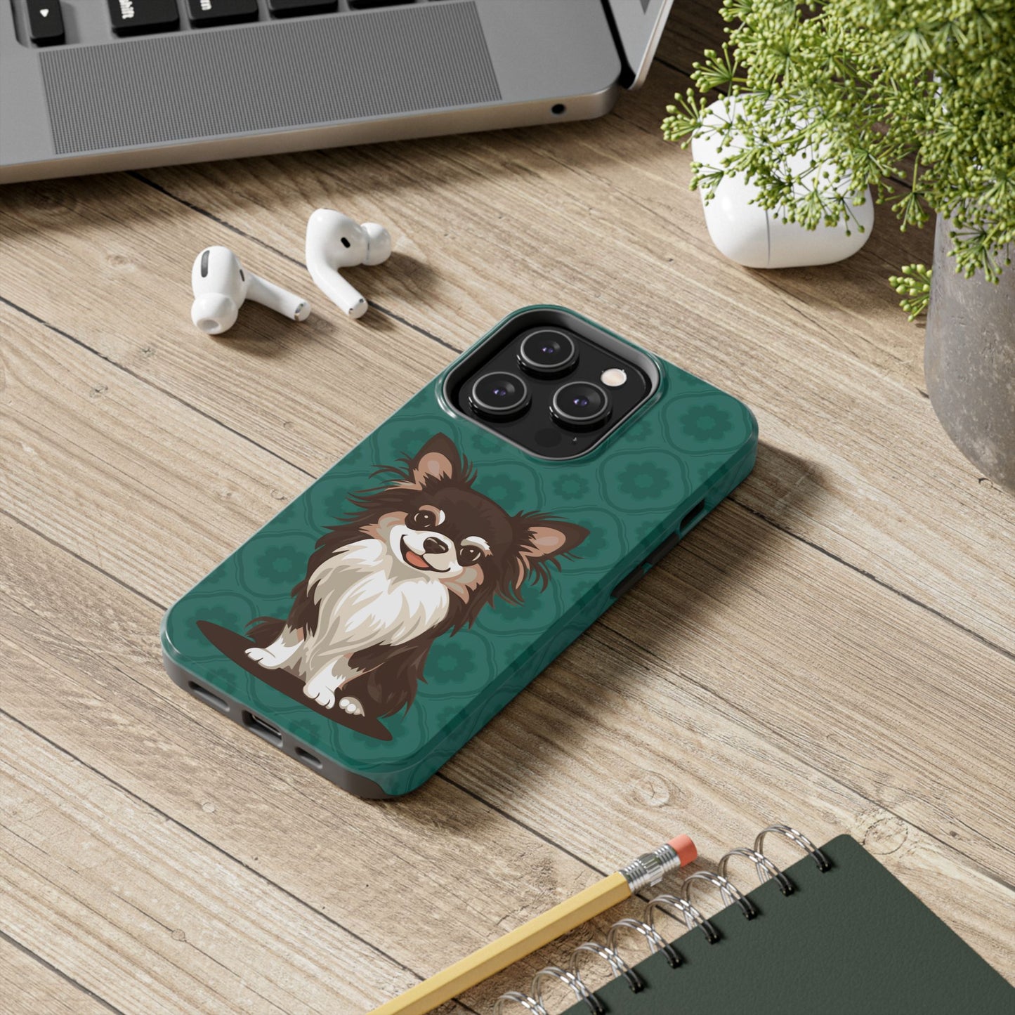 Long Haired Chihuahua Dog Phone Case, Tough Phone Cases Pet Dogs Teal Pattern