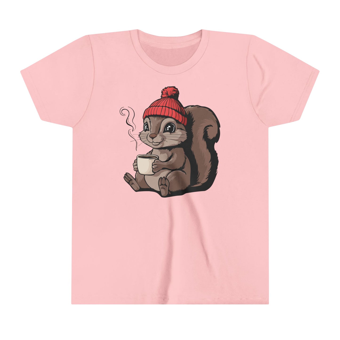 Cozy Squirrel Kids Soft T-shirt Youth Short Sleeve Tee with Squirrel in Beanie with Cup Of Coffee Graphic Print