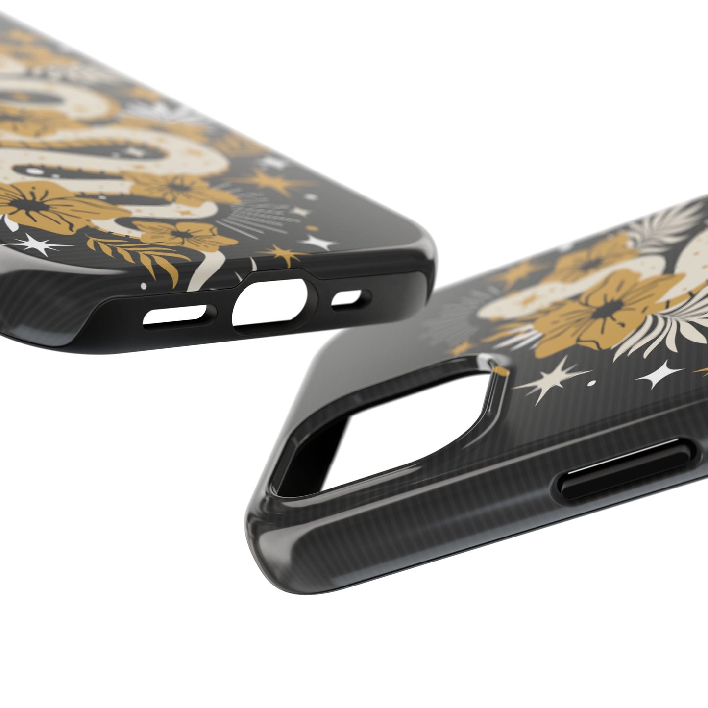 Mystic Snake Cell Phone Case, Black Tough Cases, Protective Floral Golden Serpent Boho Design