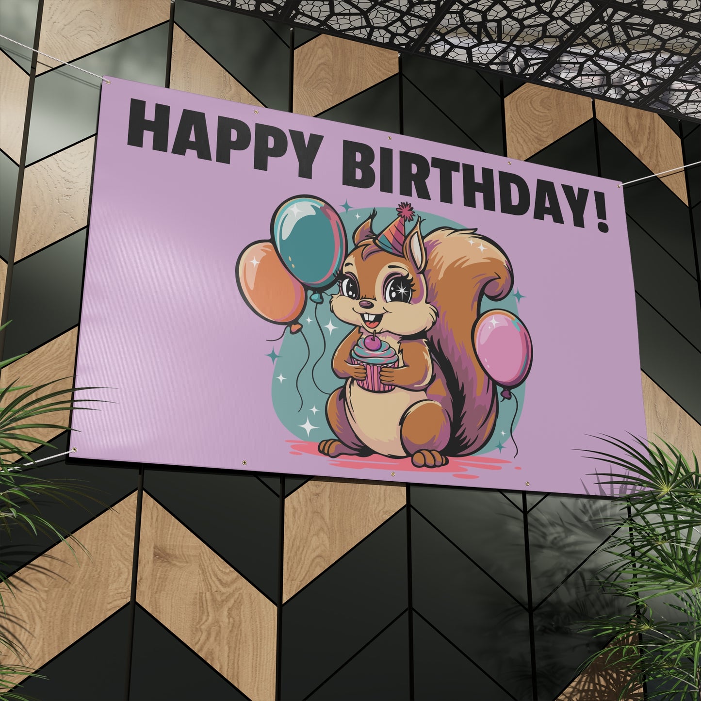 Happy Birthday Party Squirrel Banner Sign Purple Squirrels Balloons Cupcake Celebration Squirrels B-day Banners Decorations