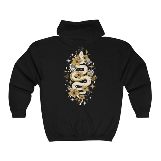 Mystic Gold Snake Black Zip Up Hoodie - Full Zip Hooded Sweatshirt Jacket, Boho Floral Serpent Design Zipper Hoodies Mens Womens Sweatshirts