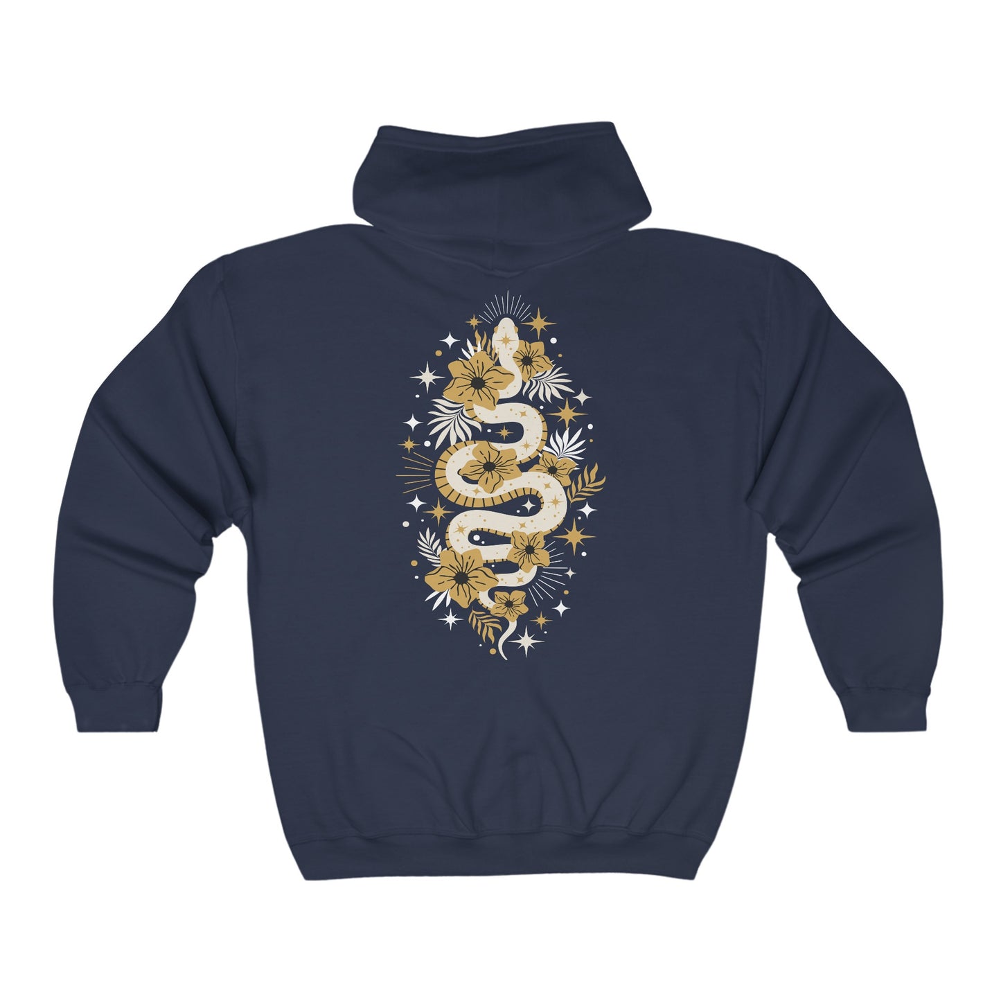 Mystic Gold Snake Black Zip Up Hoodie - Full Zip Hooded Sweatshirt Jacket, Boho Floral Serpent Design Zipper Hoodies Mens Womens Sweatshirts