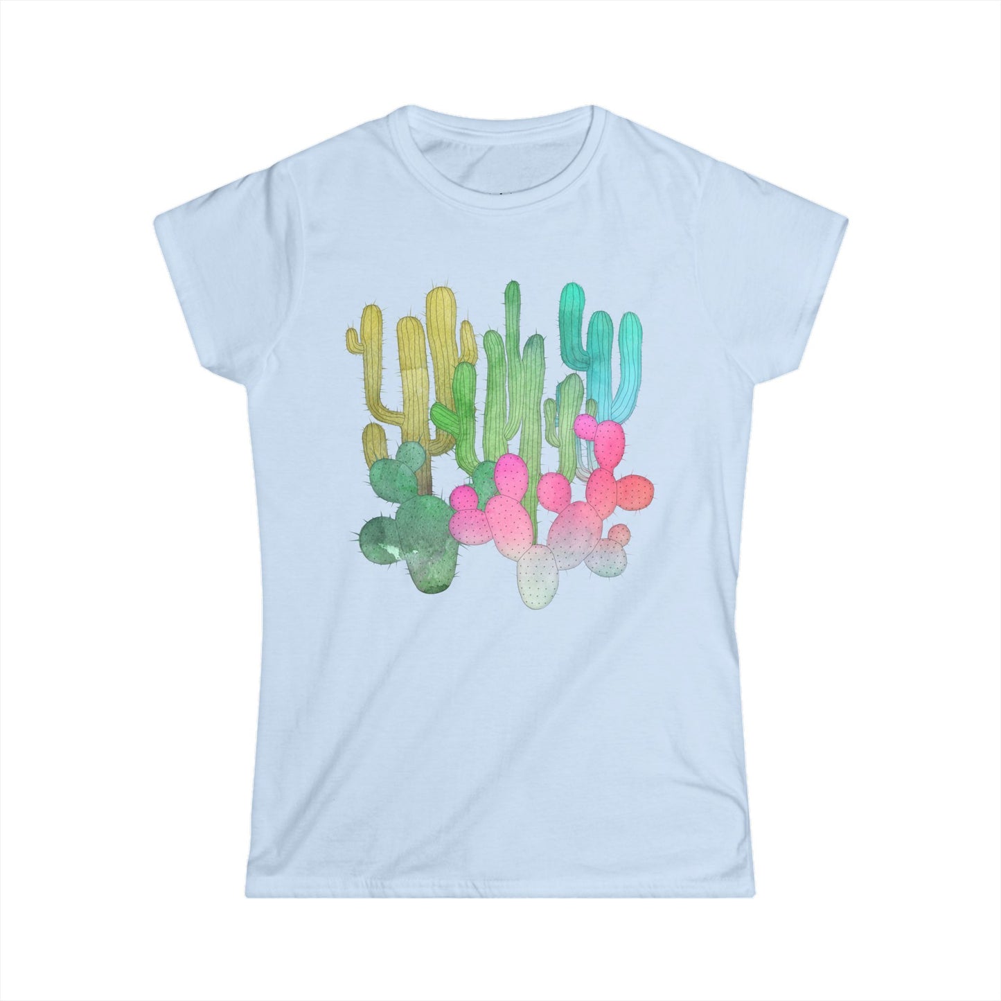 Cactus Garden Arizona Desert Women's Fitted T-shirt Colorful Saguaro Cactus Print on Ladies Cotton Tee