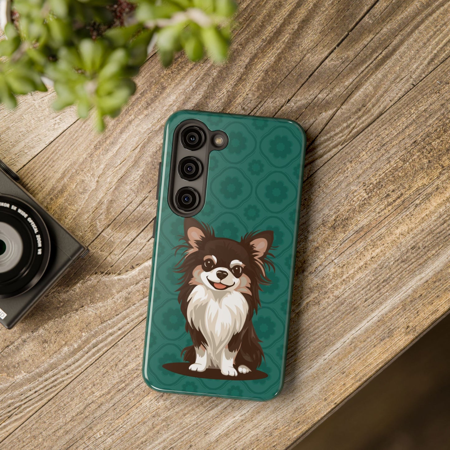 Long Haired Chihuahua Dog Phone Case, Tough Phone Cases Pet Dogs Teal Pattern