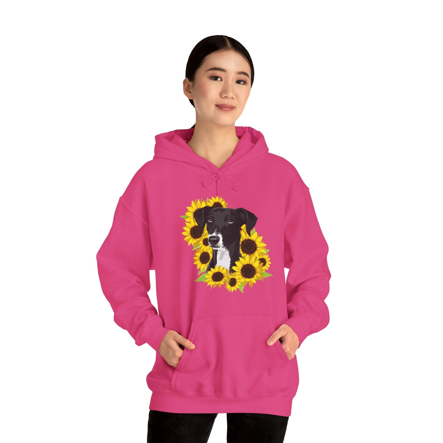 Marley Dog in Sunflowers Pullover Hoodie Hooded Sweatshirt with Black Lab Dog with Sunflower Art Print