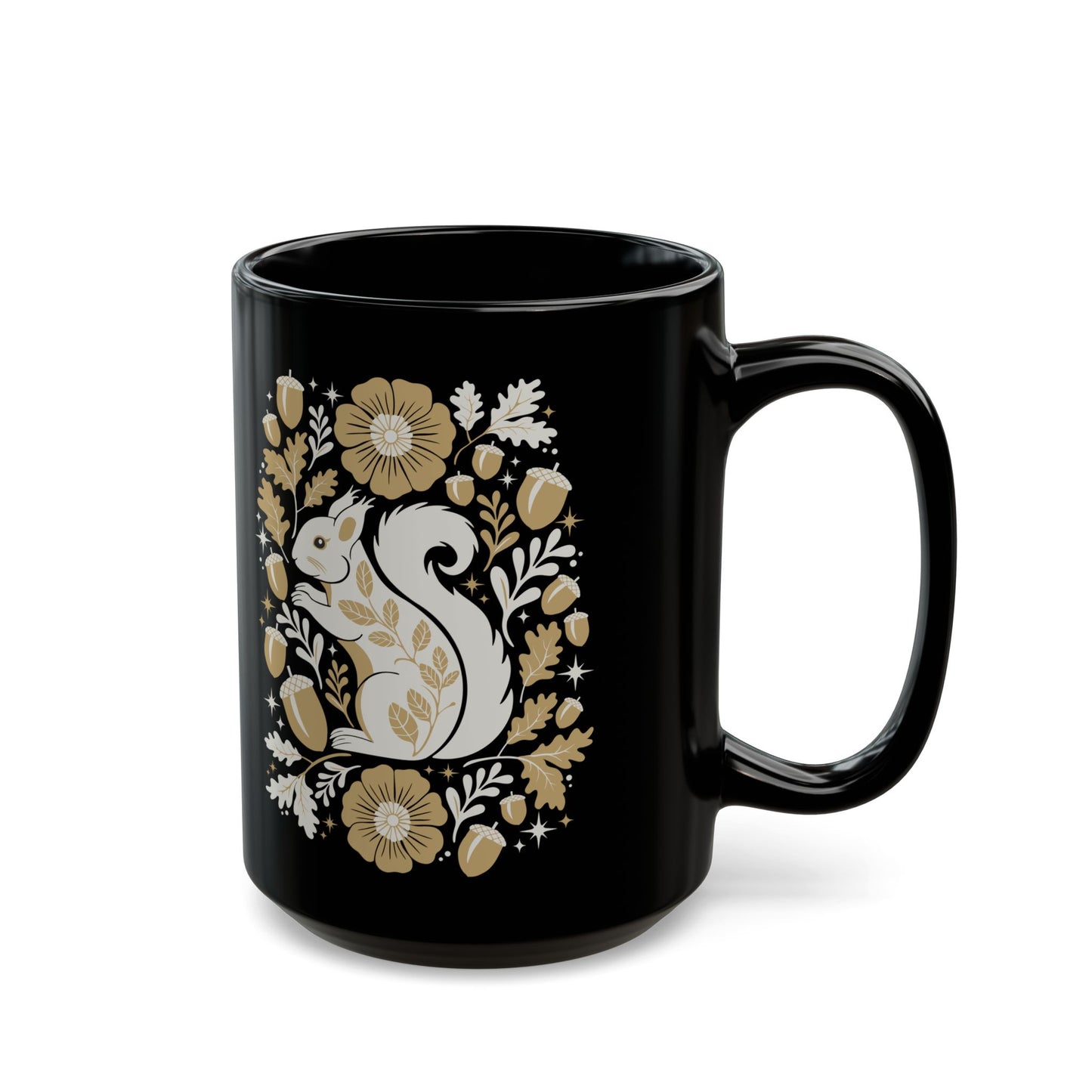 Floral Folk Art Squirrel Mug | 15 Oz Black Ceramic Coffee Cup Woodland Squirrels with Acorns, Leaves, & Flowers, Nature Mugs